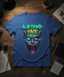 Awesome Face graffiti text above a detailed cyberpunk robotic face design on a blue t-shirt