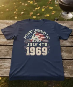 Awesome Legendary Epic Since July 4th 1969 text with American flag and muscular arm graphic on a navy t-shirt