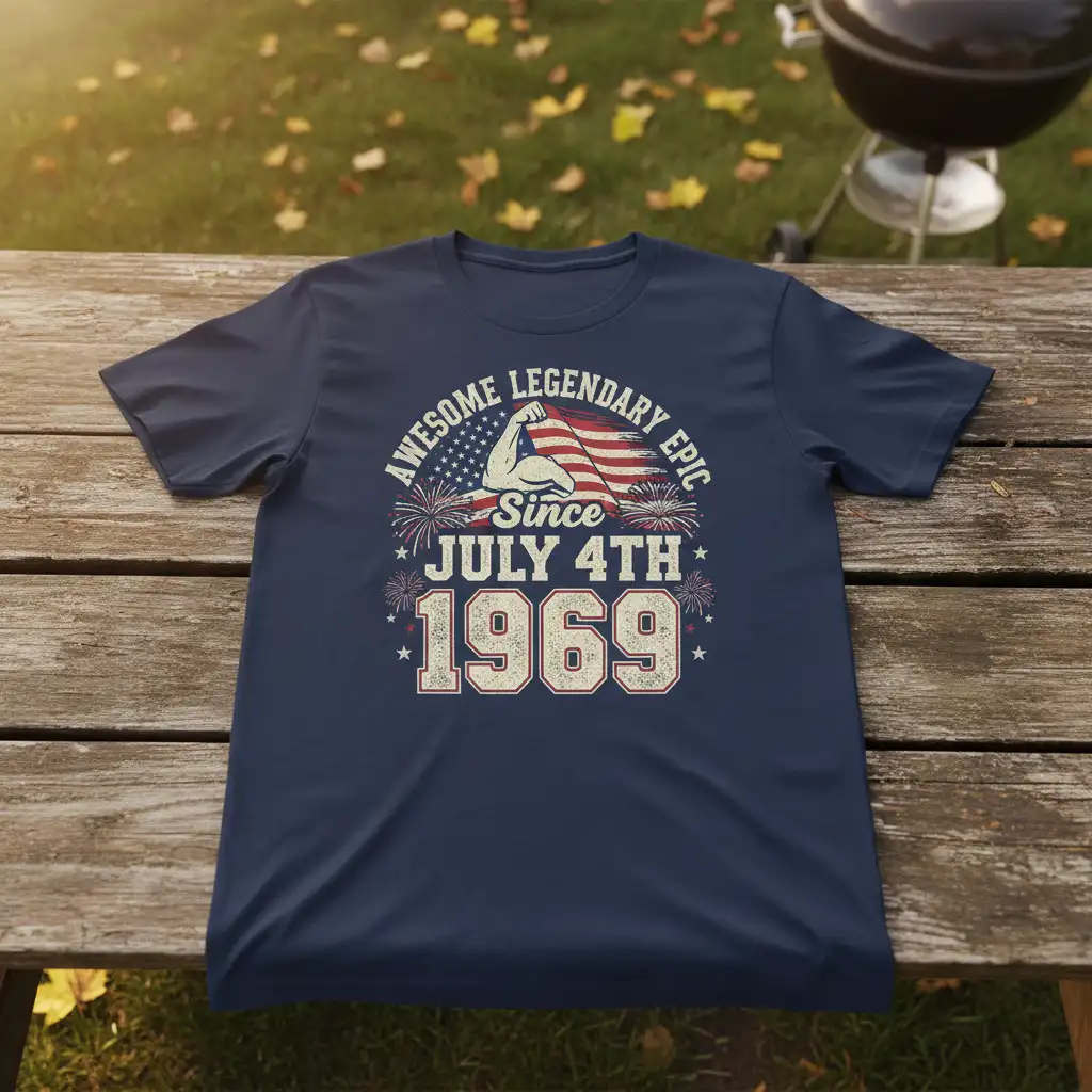 Awesome Legendary Epic Since July 4th 1969 text graphic with patriotic elements and a muscular arm on a navy tee