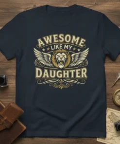 Awesome Like My Daughter T-Shirt featuring a lion with wings and vintage text. Proud dad gift idea