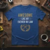 Awesome Like My Father-In-Law t-shirt design with gold text and crossed hammers emblem