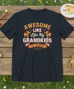 Awesome Like My Grandkids Est Forever text with elephants on a navy t-shirt, vintage style graphic
