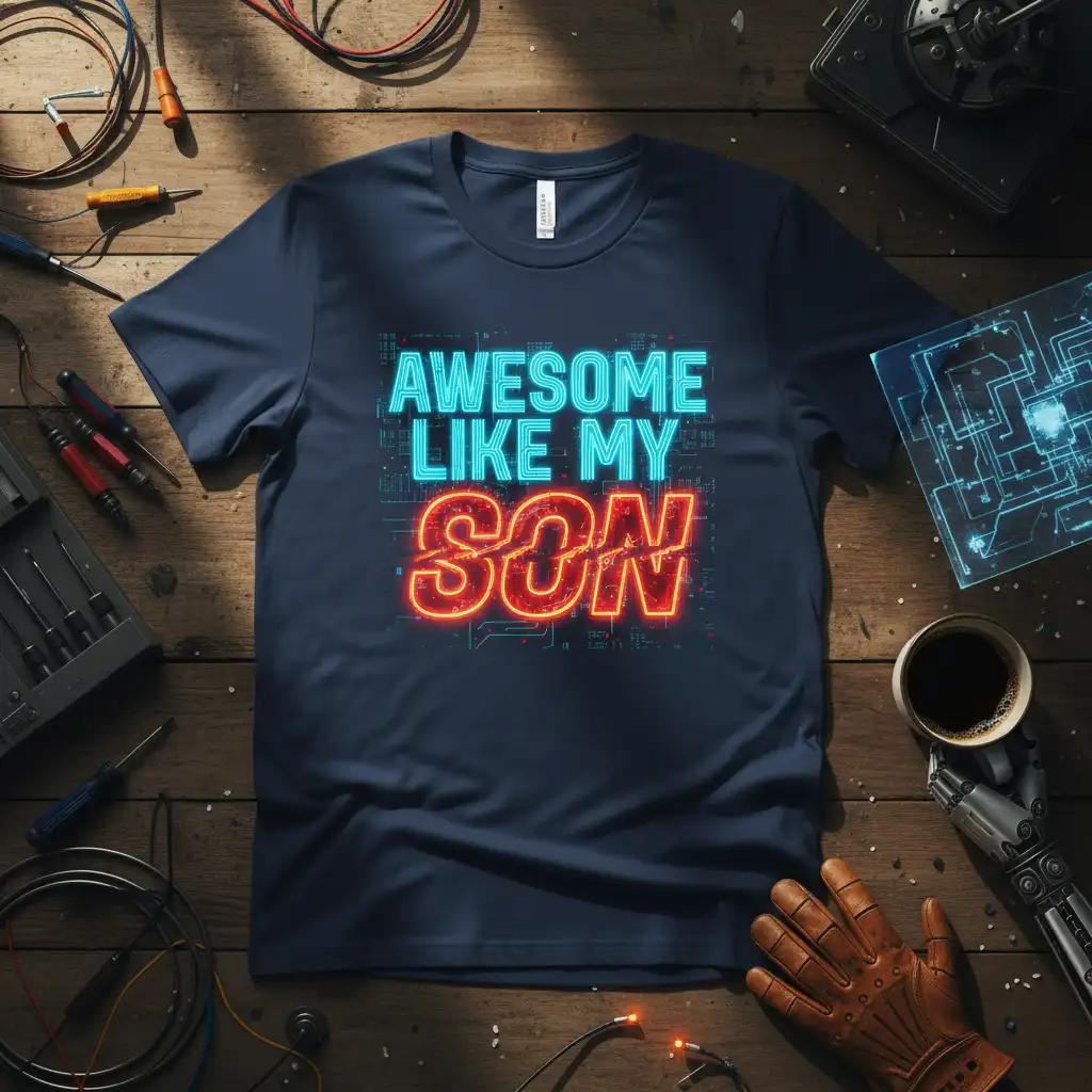 Awesome Like My Son text graphic with neon-style lettering on a dark t-shirt