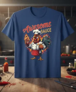 Awesome Sauce t-shirt design with a chef chicken holding a hot sauce bottle surrounded by flames