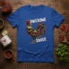 Awesome Sauce t-shirt design with a detailed rooster graphic and distressed text, perfect for food pun enthusiasts
