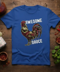 Awesome Sauce t-shirt design with a detailed rooster graphic and distressed text, perfect for food pun enthusiasts