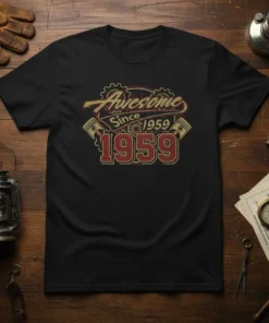 Awesome Since 1959 T-Shirt design with retro gears and pistons, celebrating birth year 1959
