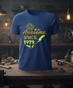 Awesome Since 1979 text and lightning bolt graphic on a blue t-shirt, celebrating a 1979 birthday