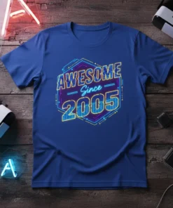 Awesome Since 2005 retro birthday t-shirt with neon-style text and hexagonal graphic