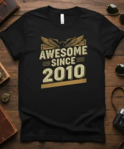 Black t-shirt with "AWESOME SINCE 2010" text in vintage gold and eagle graphic