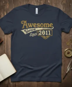 Awesome Since 2011 vintage birthday t-shirt with distressed gold lettering