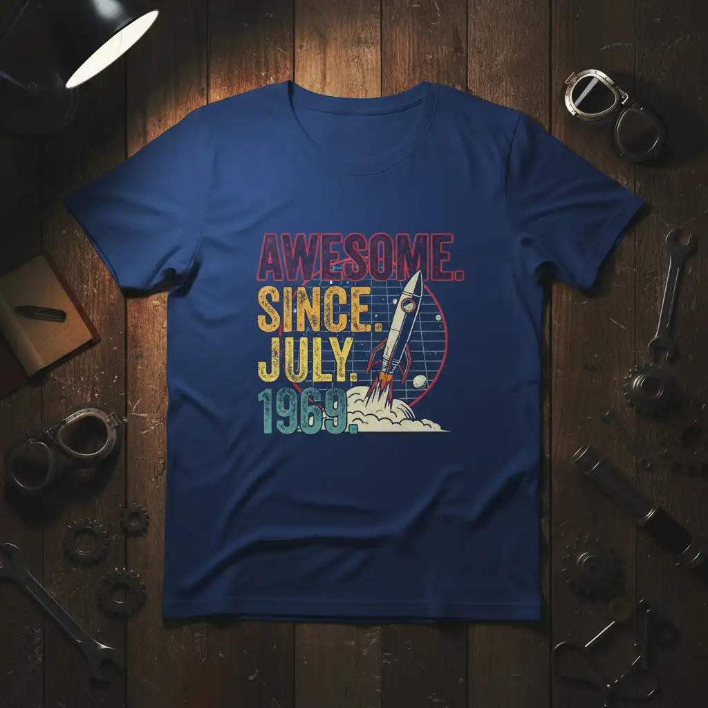 Awesome Since July 1969 text and rocket graphic design for a retro birthday celebration