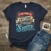 If You Think I'm Awesome You Should Meet My SiESTER quote on a navy t-shirt, featuring retro-style typography and decorative