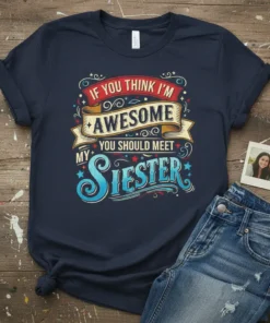 If You Think I'm Awesome You Should Meet My SiESTER quote on a navy t-shirt, featuring retro-style typography and decorative