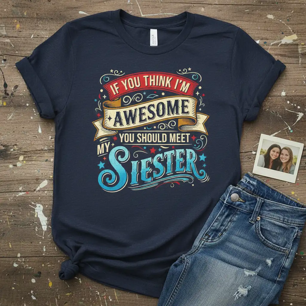 If You Think I'm Awesome You Should Meet My SiESTER humorous quote on a navy blue t-shirt with distressed, retro lettering