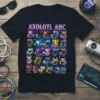 Axolotl ABC design on a black t-shirt, featuring colorful axolotl illustrations for each letter of the alphabet