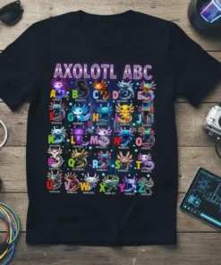 Axolotl ABC design on a black t-shirt, featuring colorful axolotl illustrations for each letter of the alphabet