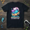Black t-shirt featuring the text "AXOLOTL ICE CREAM CONE" with a graphic of four colorful axolotls stacked like an ice