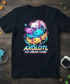 Black t-shirt featuring the text "AXOLOTL ICE CREAM CONE" with a graphic of four colorful axolotls stacked like an ice