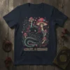 Axolotl & Shrooms t-shirt design featuring a black axolotl surrounded by colorful mushrooms and small flowers, with text "AXOLOTL &
