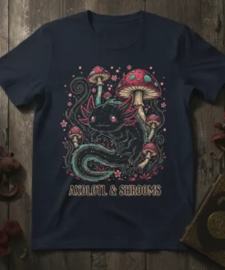Axolotl & Shrooms t-shirt design featuring a black axolotl surrounded by colorful mushrooms and small flowers, with text "AXOLOTL &