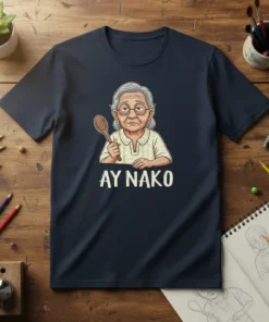 Ay Nako Filipino Grandma T-Shirt with a cartoon Lola holding a spoon and the text "AY NAKO"