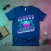 Ayiti Cheri text with retro sunset, palm trees, and geometric ocean design on a blue t-shirt