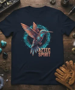 Aztec Spirit Hummingbird t-shirt design with tribal art and circuit-like halo