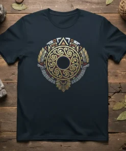 Aztec Sun Stone graphic t-shirt featuring a circular design with gold, red, and silver metallic accents in a tribal pattern