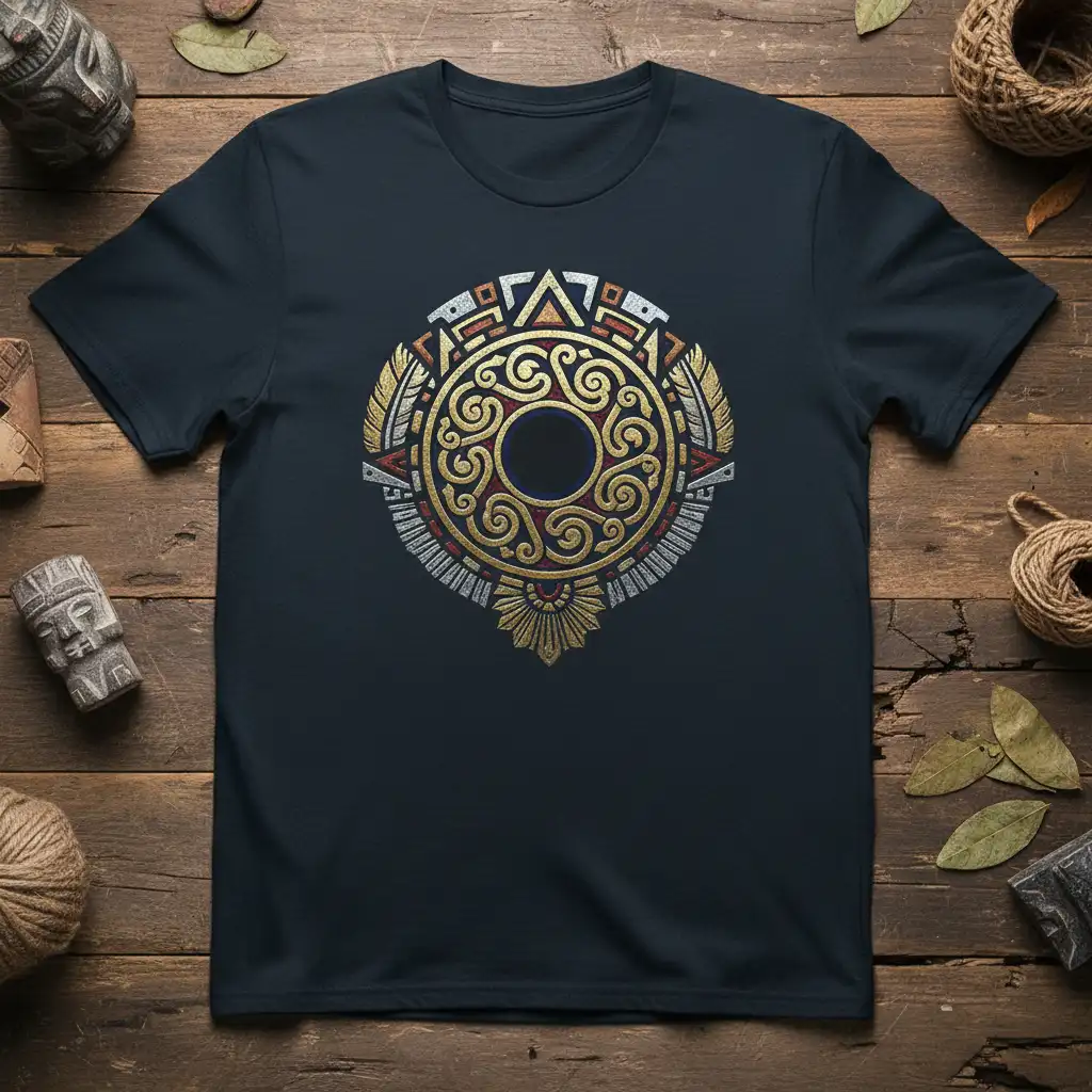 Intricate Aztec Sun Stone graphic tee showcasing a circular Mayan calendar design with metallic gold, red, and silver detailing