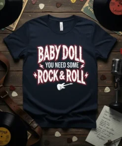 Baby Doll You Need Some Rock & Roll text with a guitar graphic on a navy t-shirt, vintage style