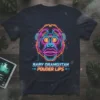 Baby Orangutan Pouder Lips neon graphic t-shirt design with vibrant pink, blue, and orange lines forming an orangutan face