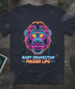 Baby Orangutan Pouder Lips neon graphic t-shirt design with vibrant pink, blue, and orange lines forming an orangutan face