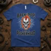 Back Off! I Am A Peckerhead T-Shirt with a flaming skull and lightning graphic, presented on a blue tee