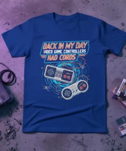 Retro t-shirt design with text "Back in My Day Video Game Controllers Had Cords" and vintage game controllers graphic