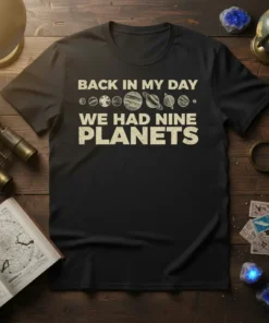 Black t-shirt with "Back In My Day We Had Nine Planets" text and planet graphics, featuring retro typography