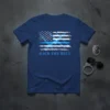 Blue t-shirt with distressed American flag graphic and "BACK THE BLUE" text, thin blue line design