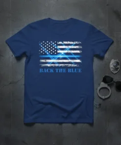 Blue t-shirt with distressed American flag graphic and "BACK THE BLUE" text, thin blue line design
