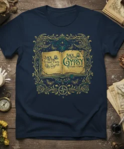 Back to the Gypsy That I Was quote on a navy t-shirt with ornate frame, open book, moon, and butterflies