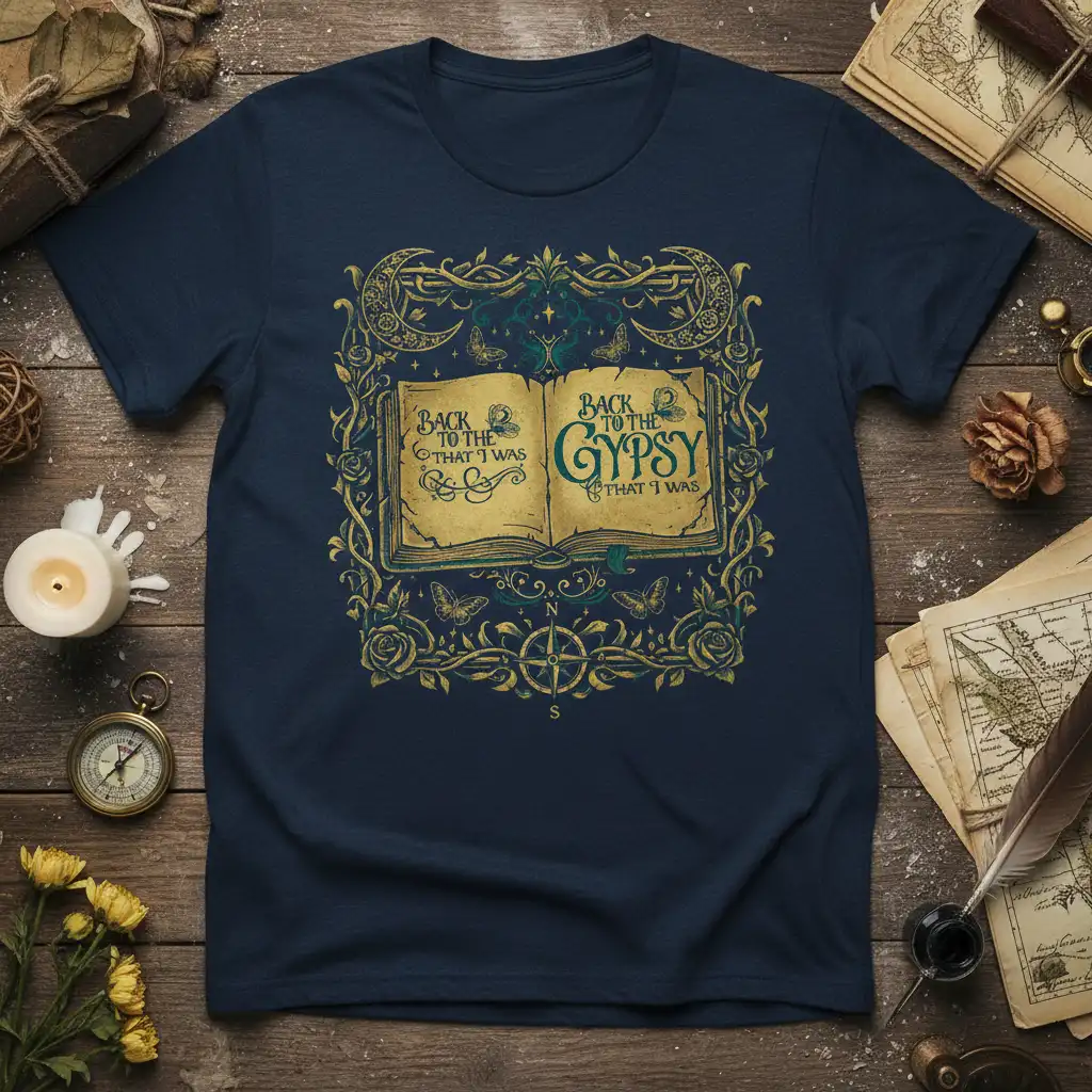 Back to the Gypsy That I Was quote design on navy t-shirt with ornate frame and mystical elements