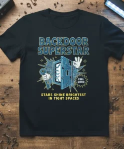 BACKDOOR SUPERSTAR STARS SHINE text design featuring bold typography on quality t-shirt