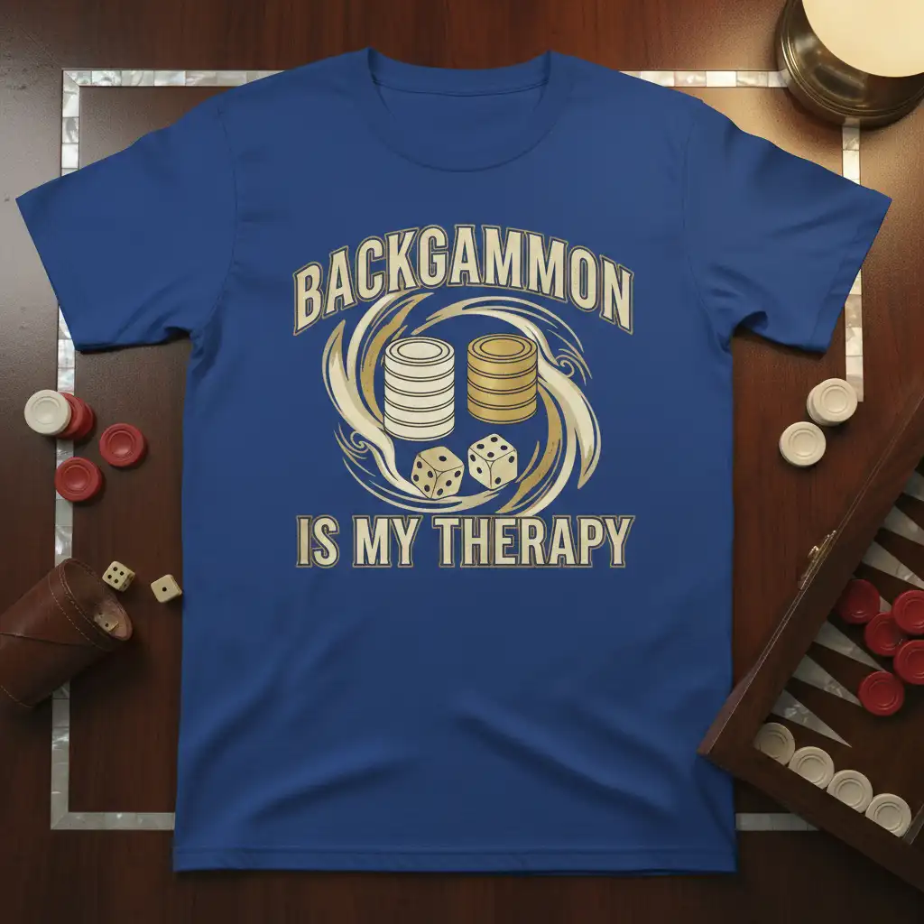 Backgammon Is My Therapy quote on a blue t-shirt with stacked checkers and dice graphic, perfect for game lovers