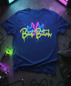 Bad Bitch neon quote t-shirt with pink and blue crown graphic on navy blue shirt