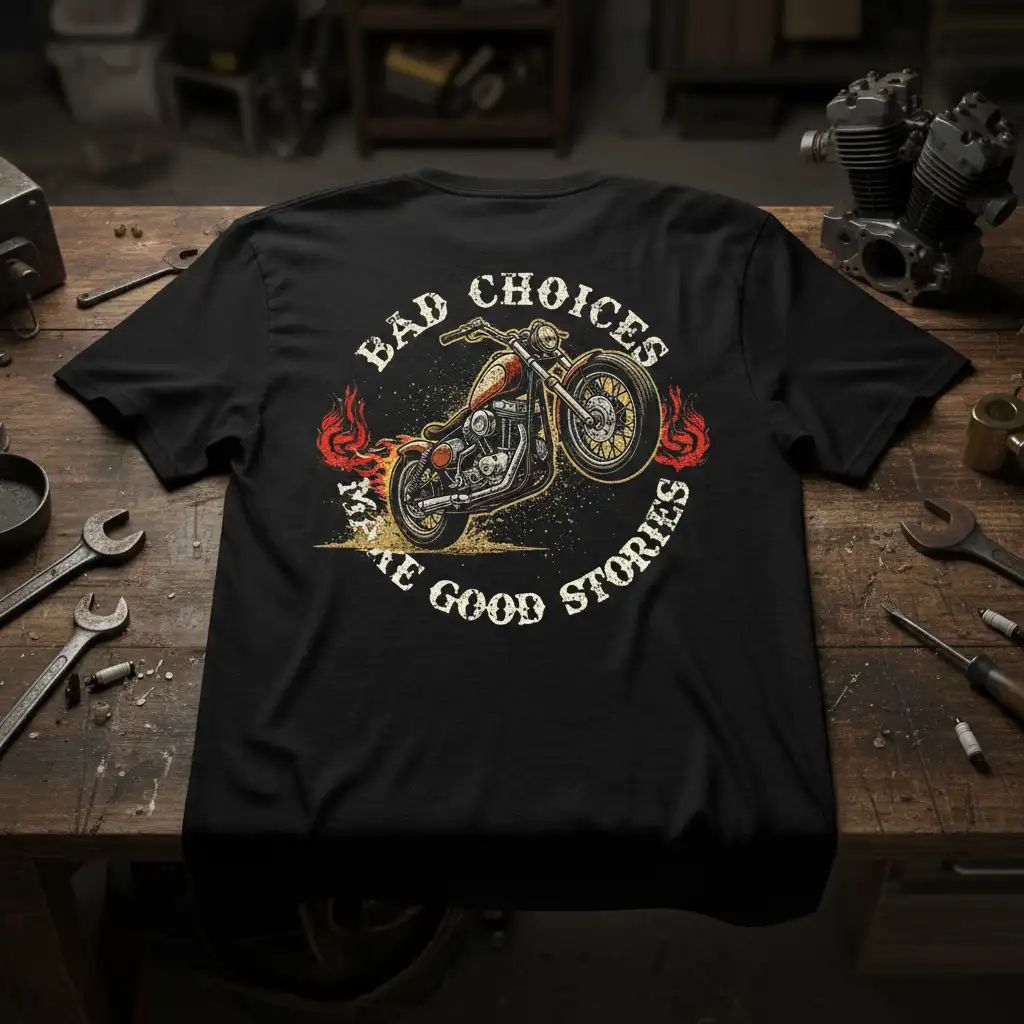 Bad Choices Make Good Stories quote featuring a dynamic vintage motorcycle illustration surrounded by flames on a black tee