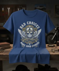 Bad Choices Make Good Stories quote t-shirt with vintage biker skull and wings graphic