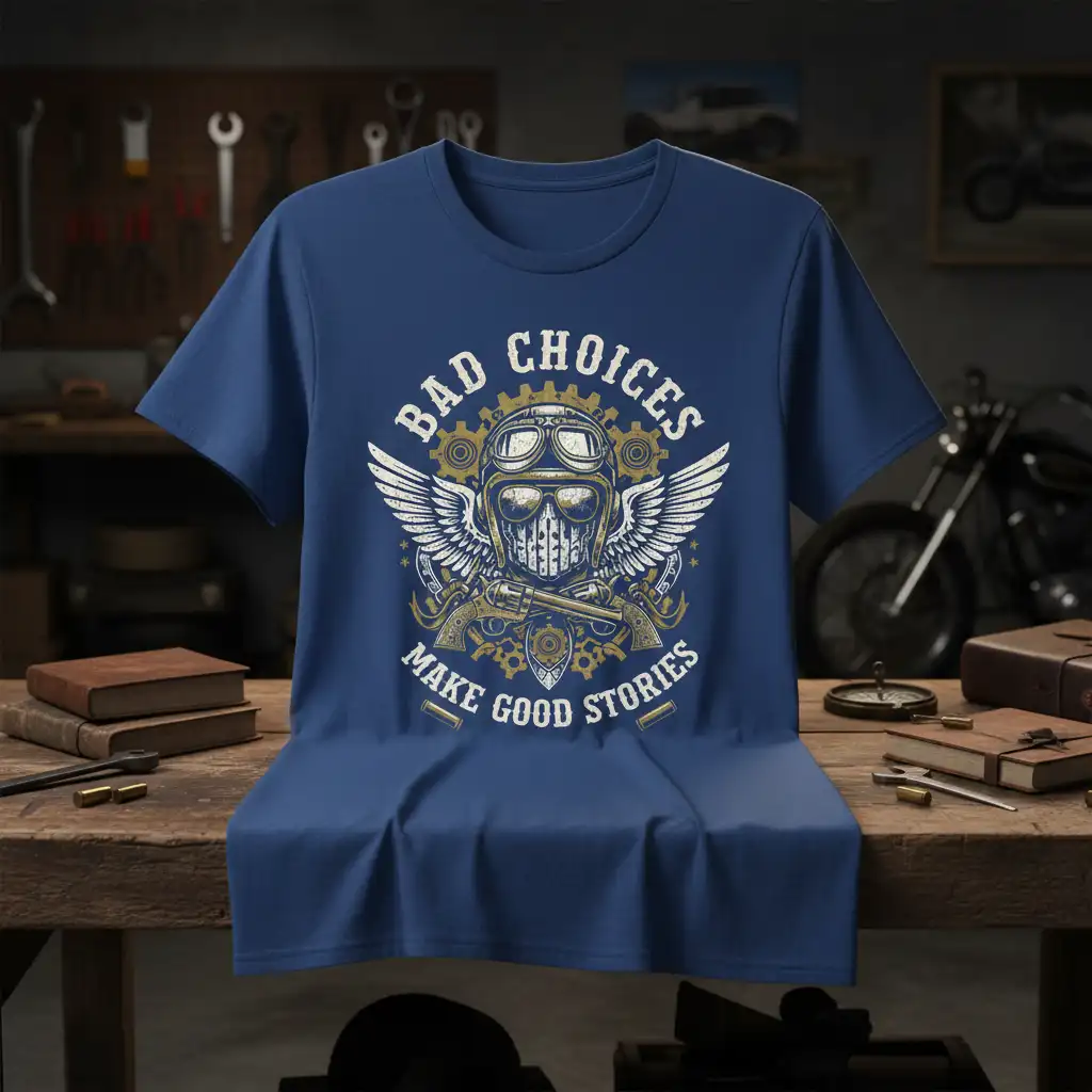 Bad Choices Make Good Stories quote with vintage biker skull graphic and wings on a t-shirt