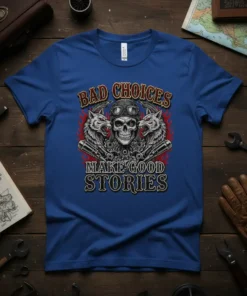 Bad Choices Make Good Stories quote with skull, wolves, and motorcycle exhaust pipes on a blue t-shirt