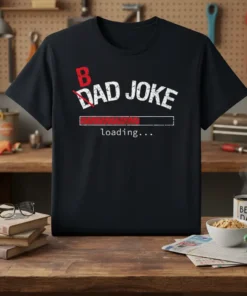 Black t-shirt with white text "BAD DAD JOKE LOADING..." and a red loading bar graphic