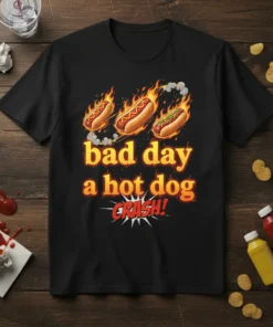 T-shirt design with text "bad day a hot dog CRASH!" and three flaming hot dogs graphic
