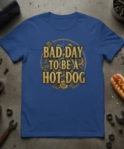 Bad Day To Be A Hot Dog text with steampunk gears graphic on a blue t-shirt